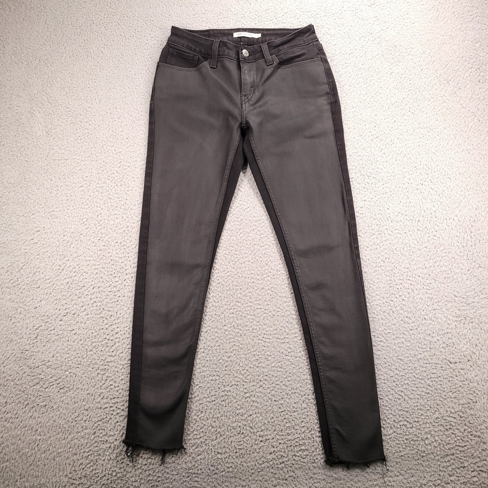 LEVIS 535 Jeans Size 27 Super Skinny Black Coated Front Denim Frayed Hem